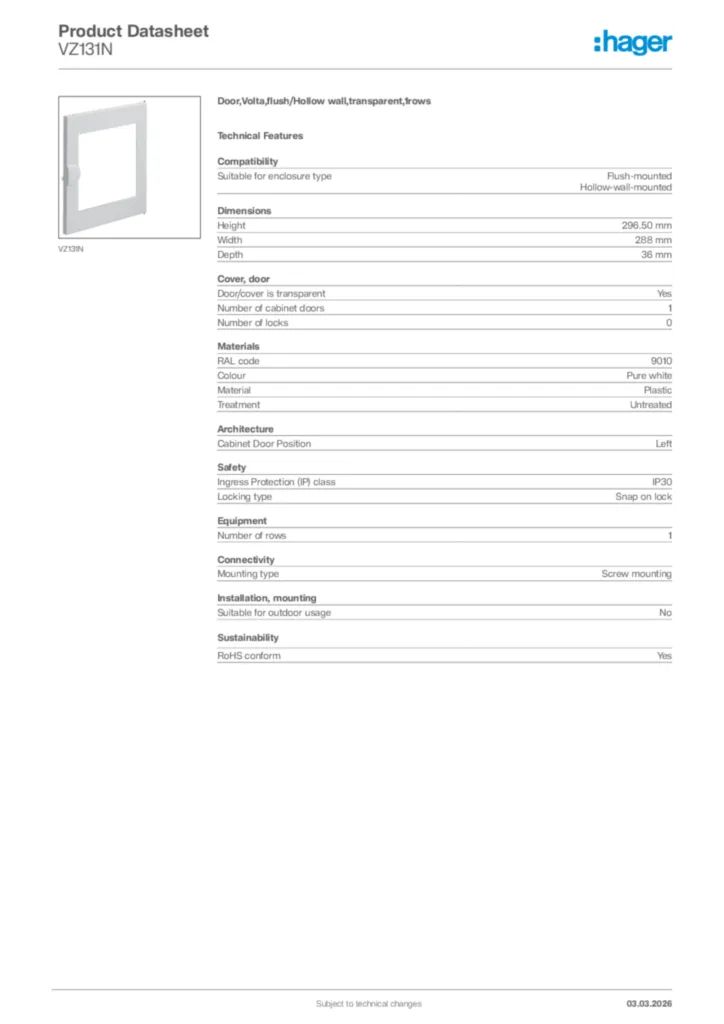 Image Hager Product data sheet VZ131N  | Hager Africa
