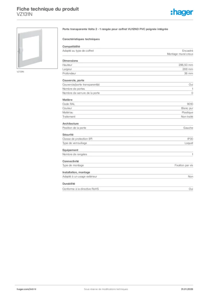 Image Hager Fiche technique du produit VZ131N | Hager Afrique