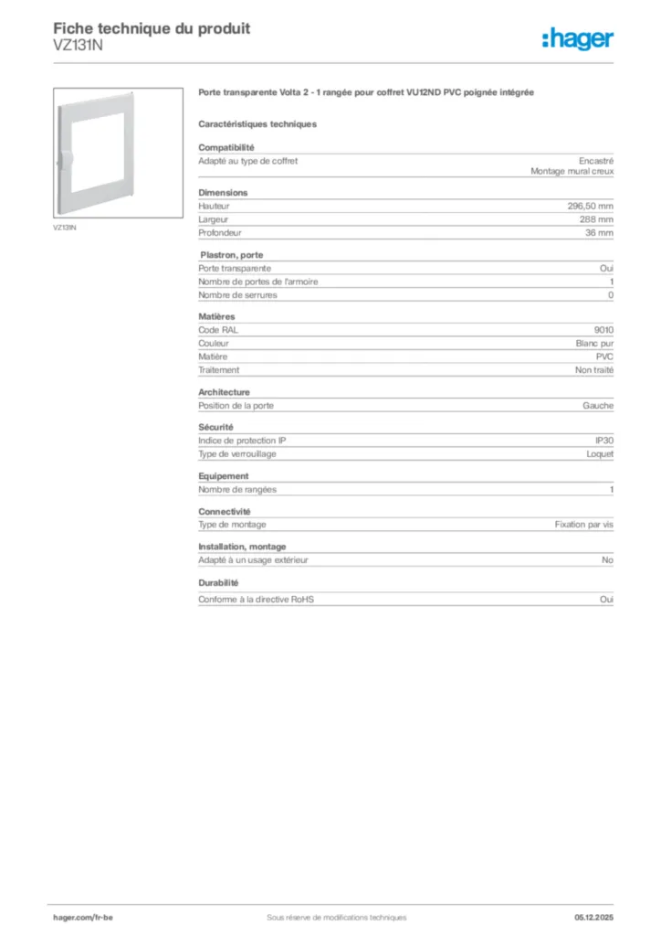 Image Hager Fiche technique du produit VZ131N | Hager Belgique