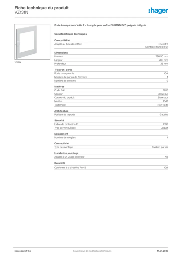 Image Hager Fiche technique du produit VZ131N | Hager Belgique