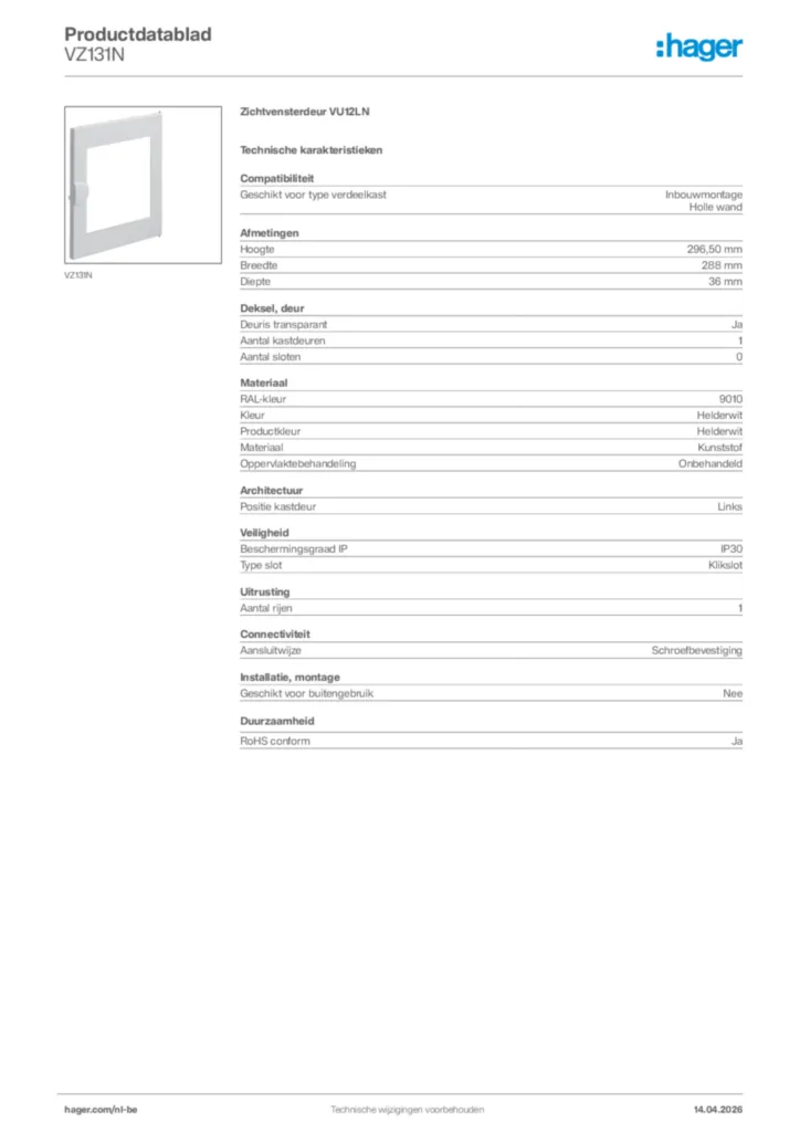 Afbeelding Hager Productdatablad VZ131N | Hager Belgium