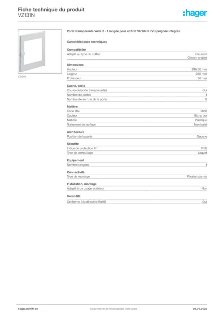 Image Hager Fiche technique du produit VZ131N | Hager Suisse