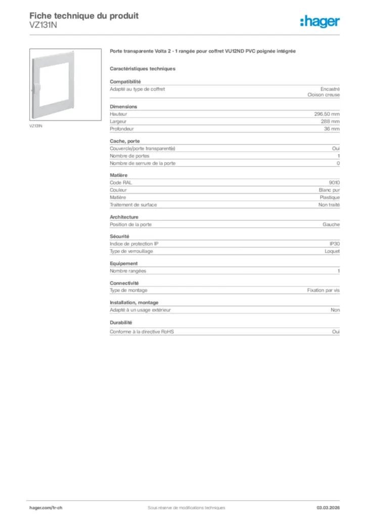 Image Hager Fiche technique du produit VZ131N | Hager Suisse