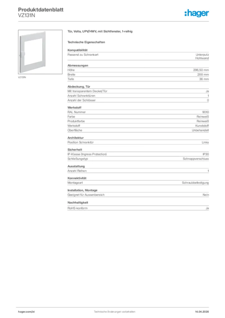 Bild Hager Produktdatenblatt VZ131N | Hager Deutschland