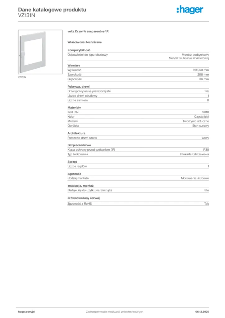 Zdjęcie Hager Karta katalogowa VZ131N | Hager Polska