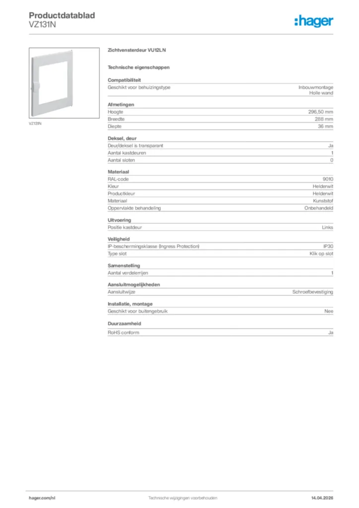 Afbeelding Hager Productdatablad VZ131N | Hager Nederland