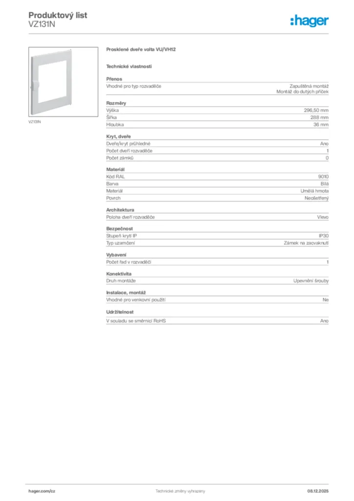 Obrázek Hager Product data sheet VZ131N | Hager