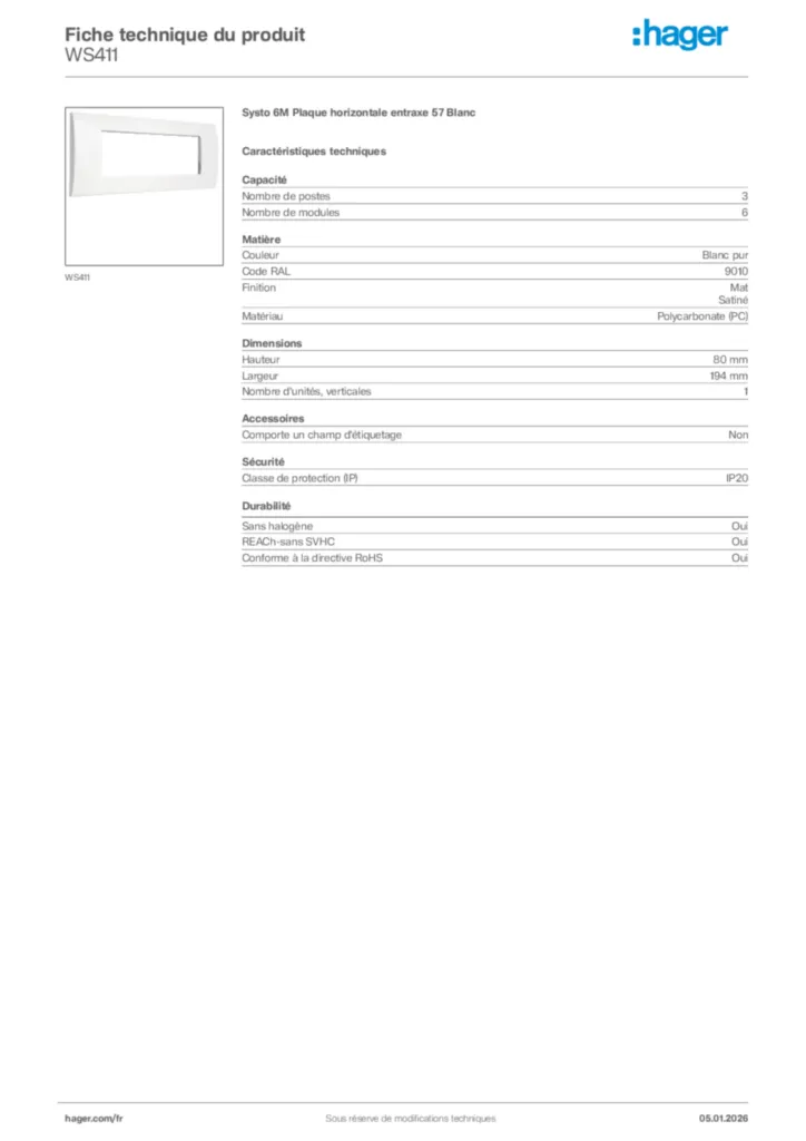 Image Hager Fiche technique du produit WS411 | Hager France