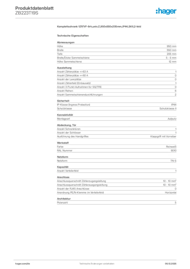 Bild Hager Produktdatenblatt ZB223T19S | Hager Deutschland