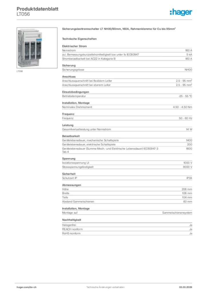 Bild Hager Produktdatenblatt LT056 | Hager Schweiz