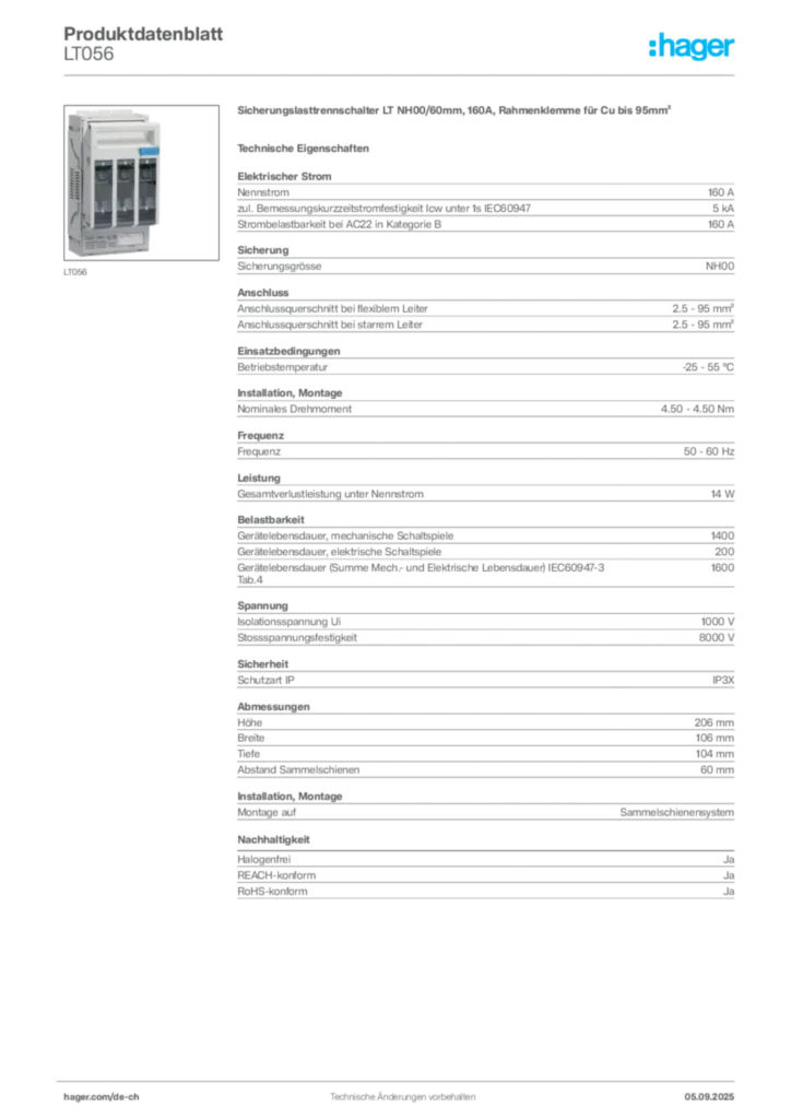 Bild Hager Produktdatenblatt LT056 | Hager Schweiz