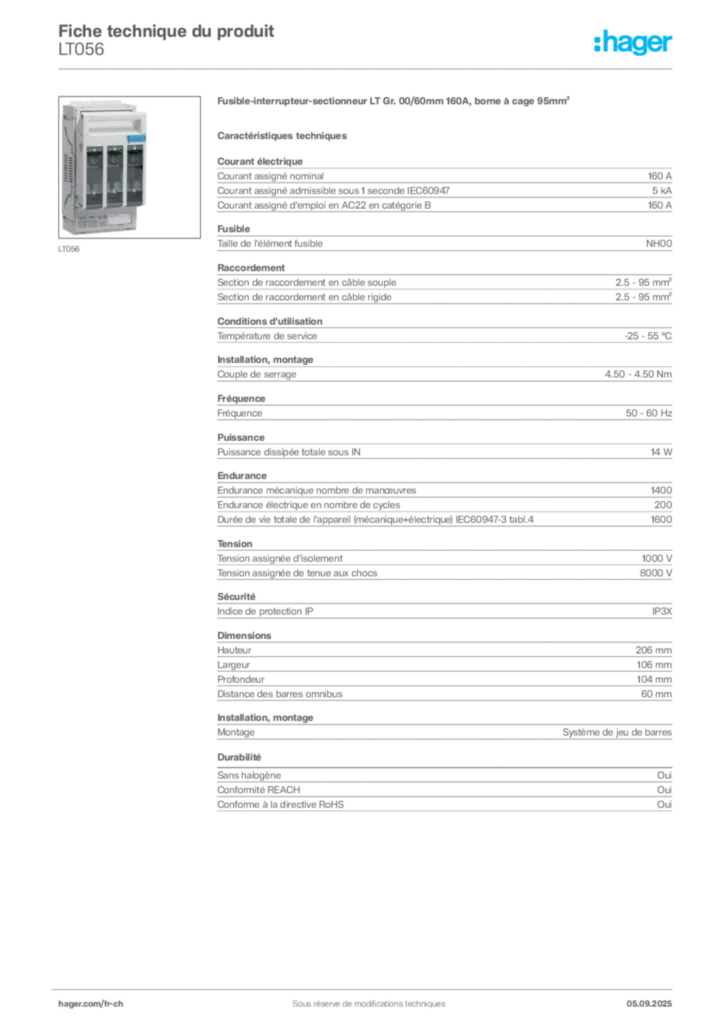 Image Hager Fiche technique du produit LT056 | Hager Suisse