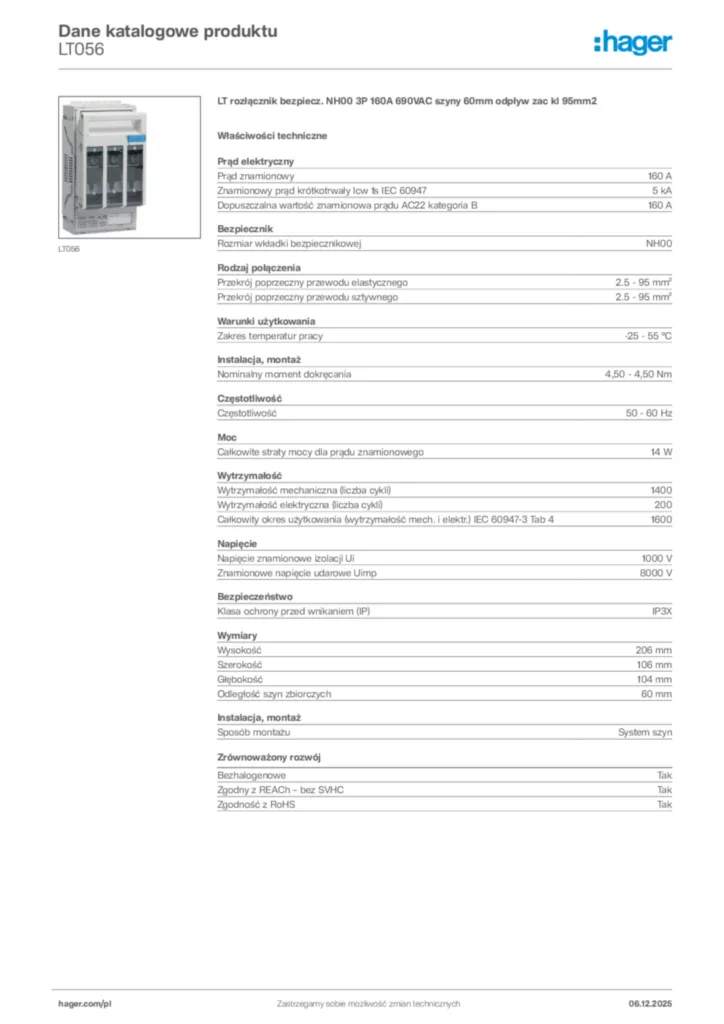 Zdjęcie Hager Dane katalogowe produktu LT056 | Hager Polska
