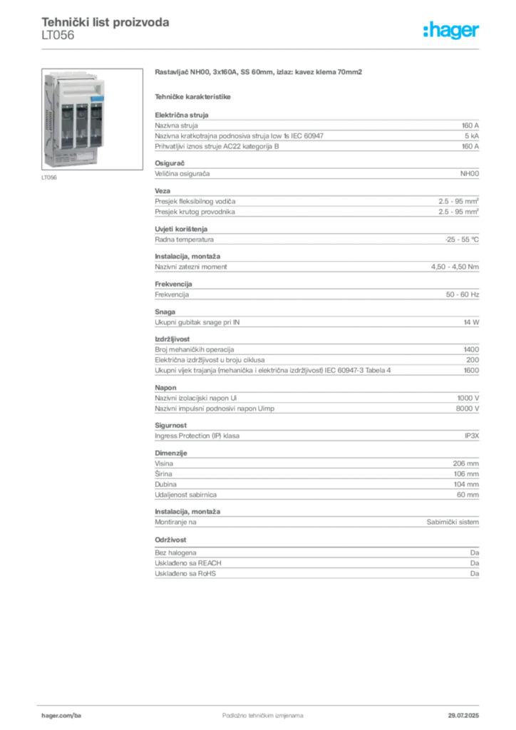 Slika Hager Product data sheet LT056  | Hager