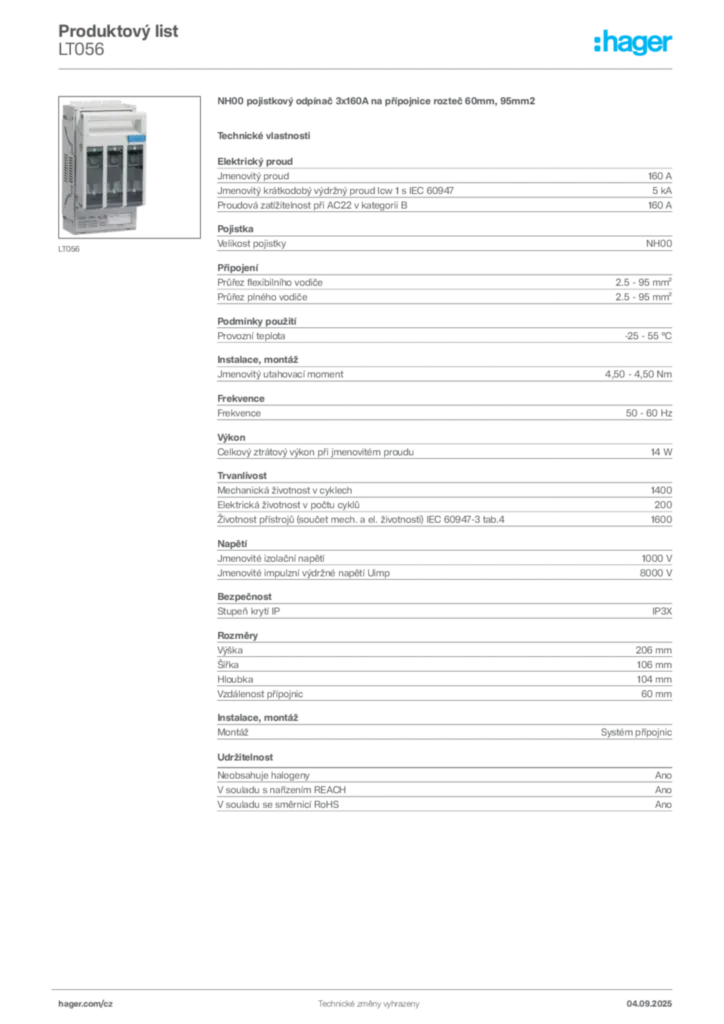 Obrázek Hager Produktový list LT056 | Hager