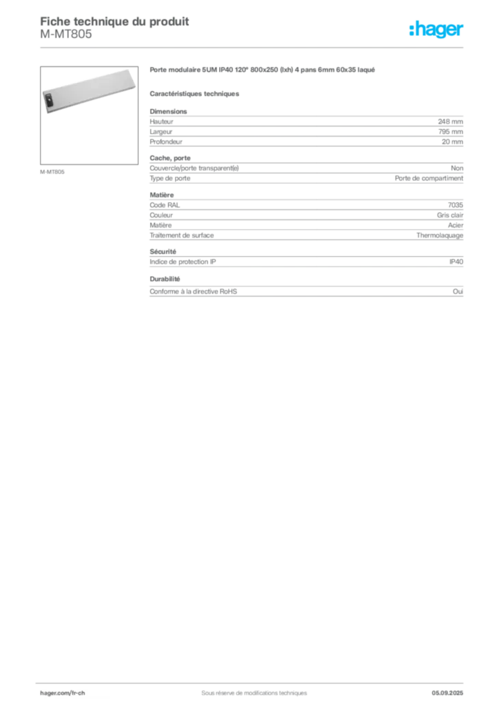 Image Hager Fiche technique du produit M-MT805 | Hager Suisse