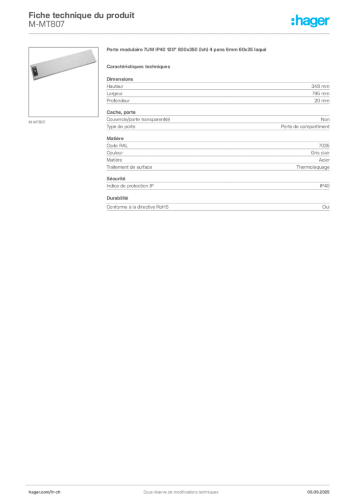 Image Hager Fiche technique du produit M-MT807 | Hager Suisse