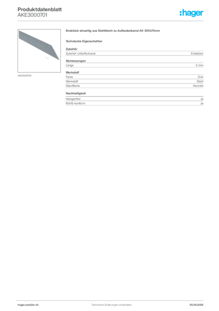 Bild Hager Produktdatenblatt AKE3000701 | Hager Schweiz