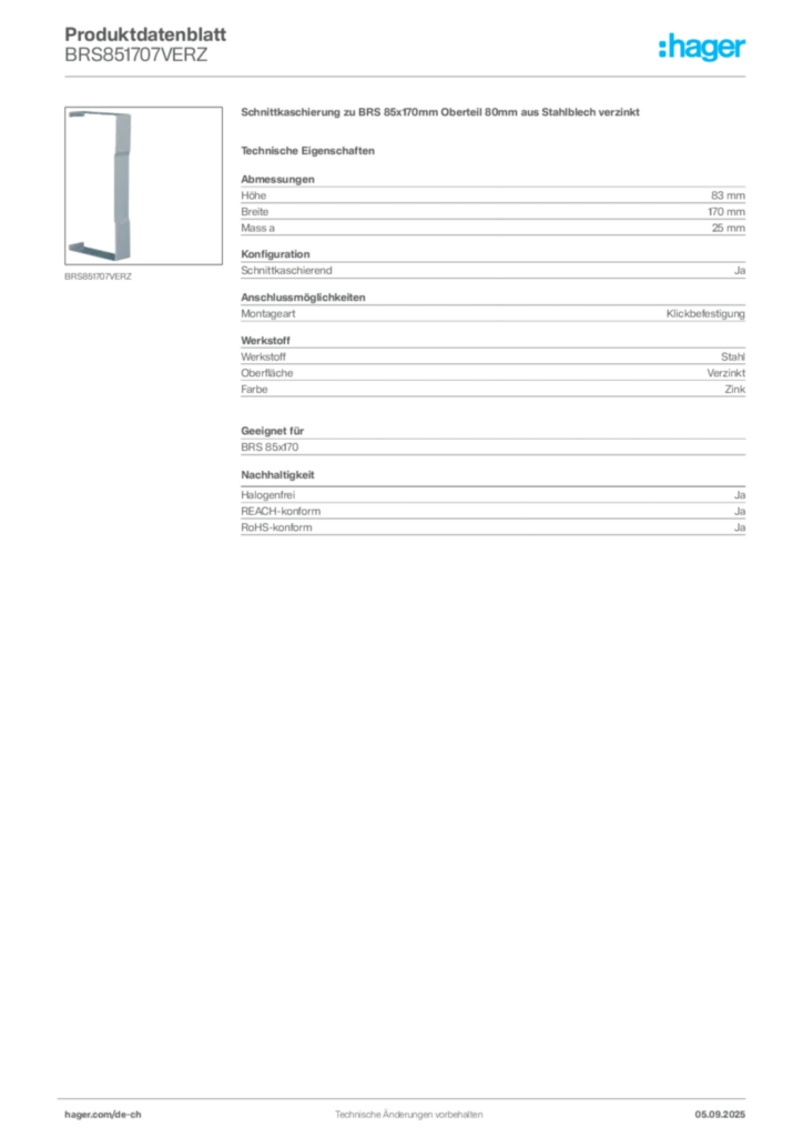 Bild Hager Produktdatenblatt BRS851707VERZ | Hager Schweiz