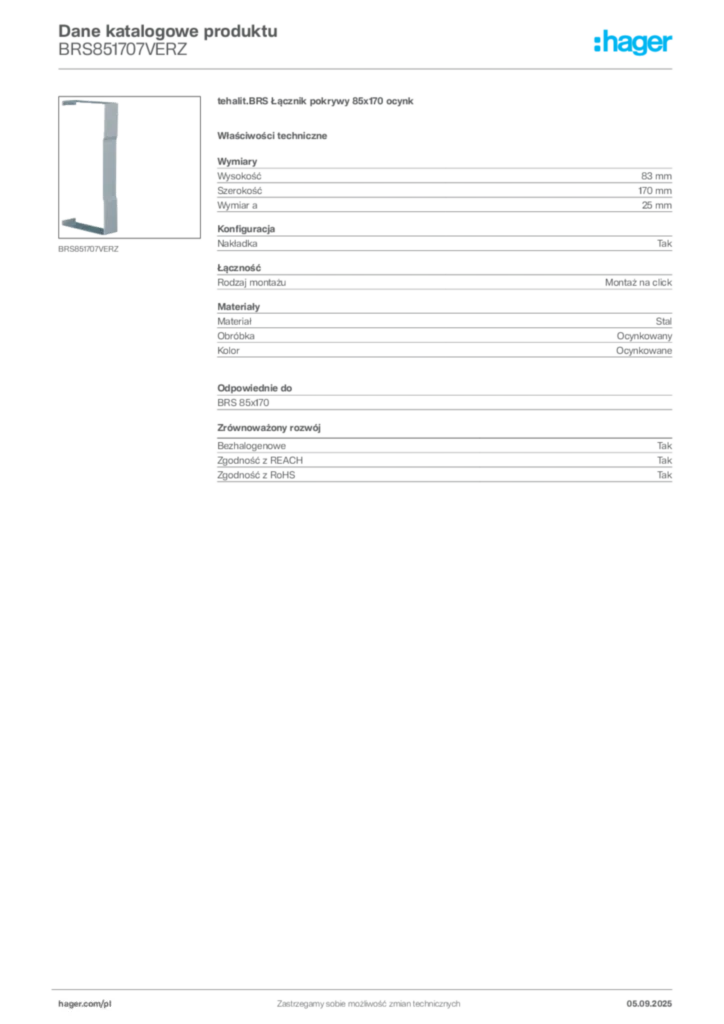 Zdjęcie Hager Dane katalogowe produktu BRS851707VERZ | Hager Polska
