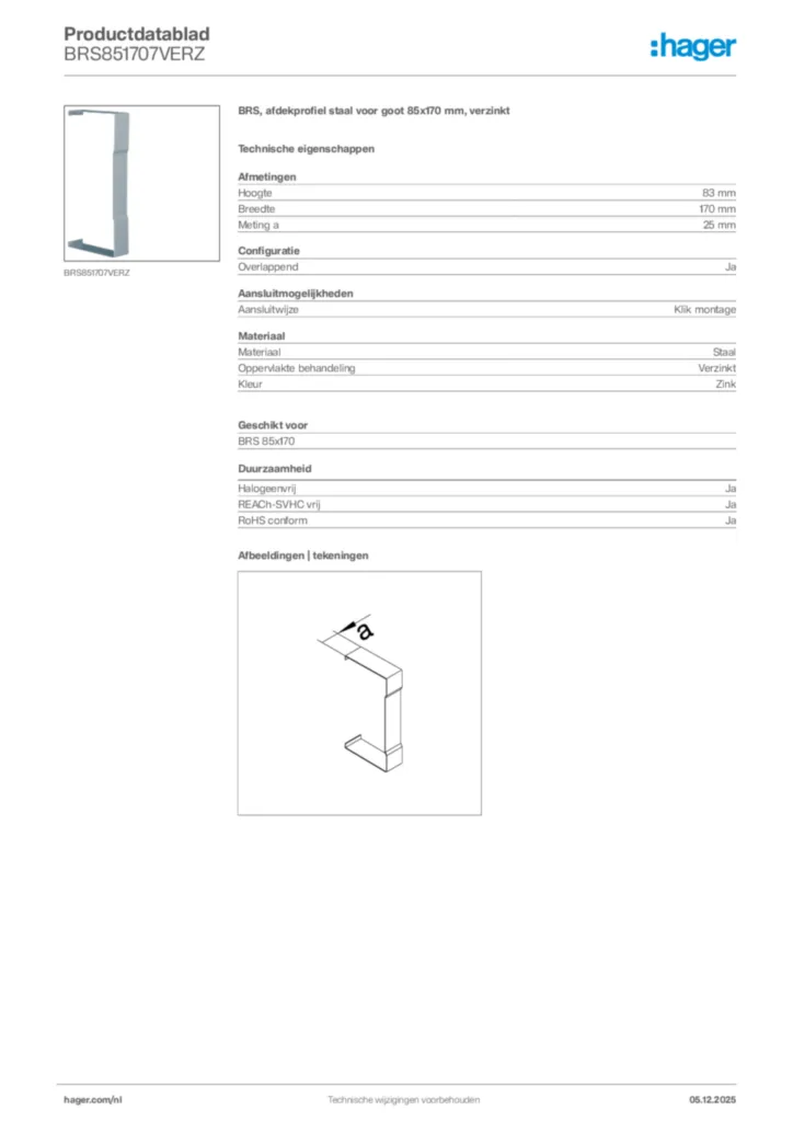 Afbeelding Hager Productdatablad BRS851707VERZ | Hager Nederland
