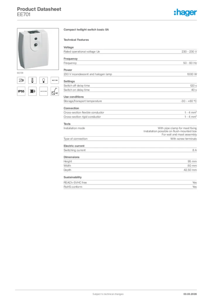 Image Hager Product data sheet EE701  | Hager Africa
