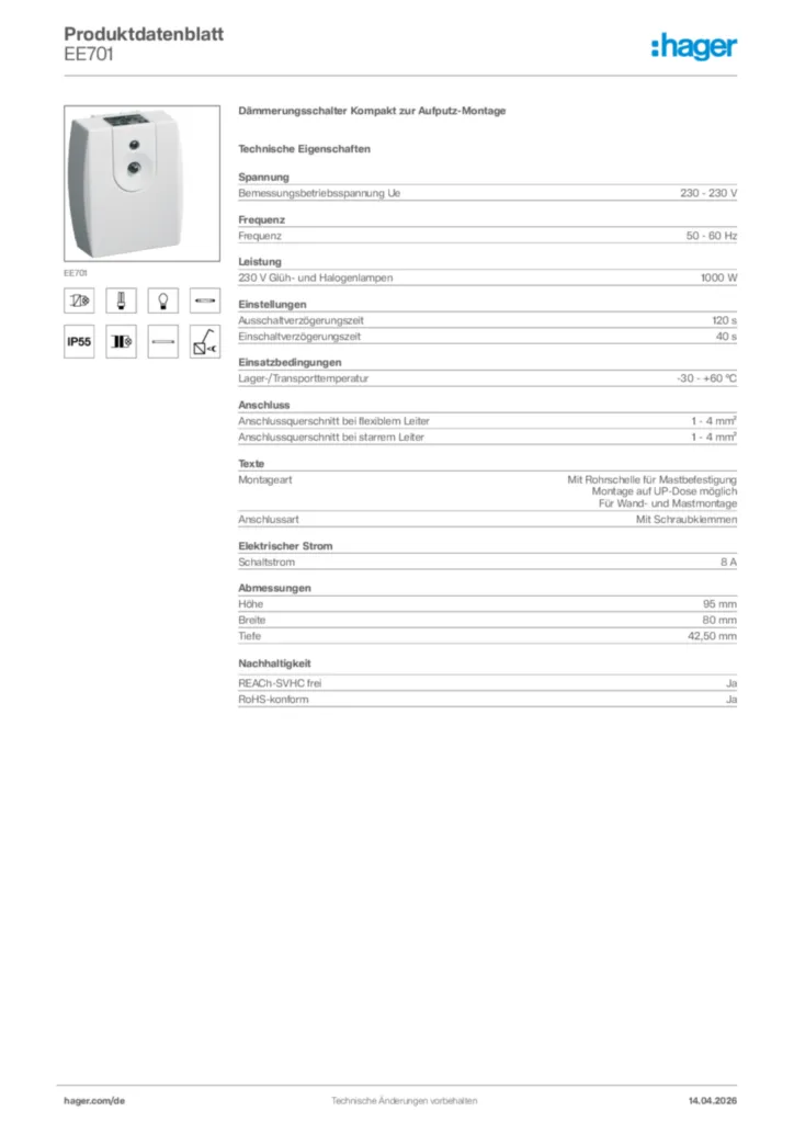 Bild Hager Produktdatenblatt EE701 | Hager Deutschland