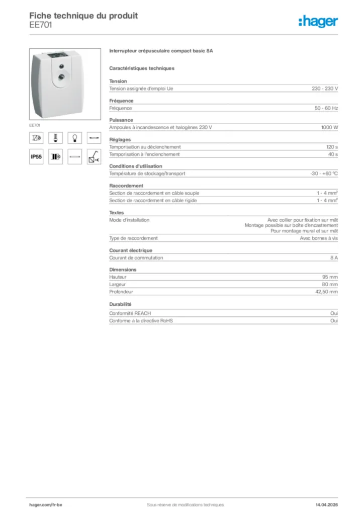 Image Hager Fiche technique du produit EE701 | Hager Belgique