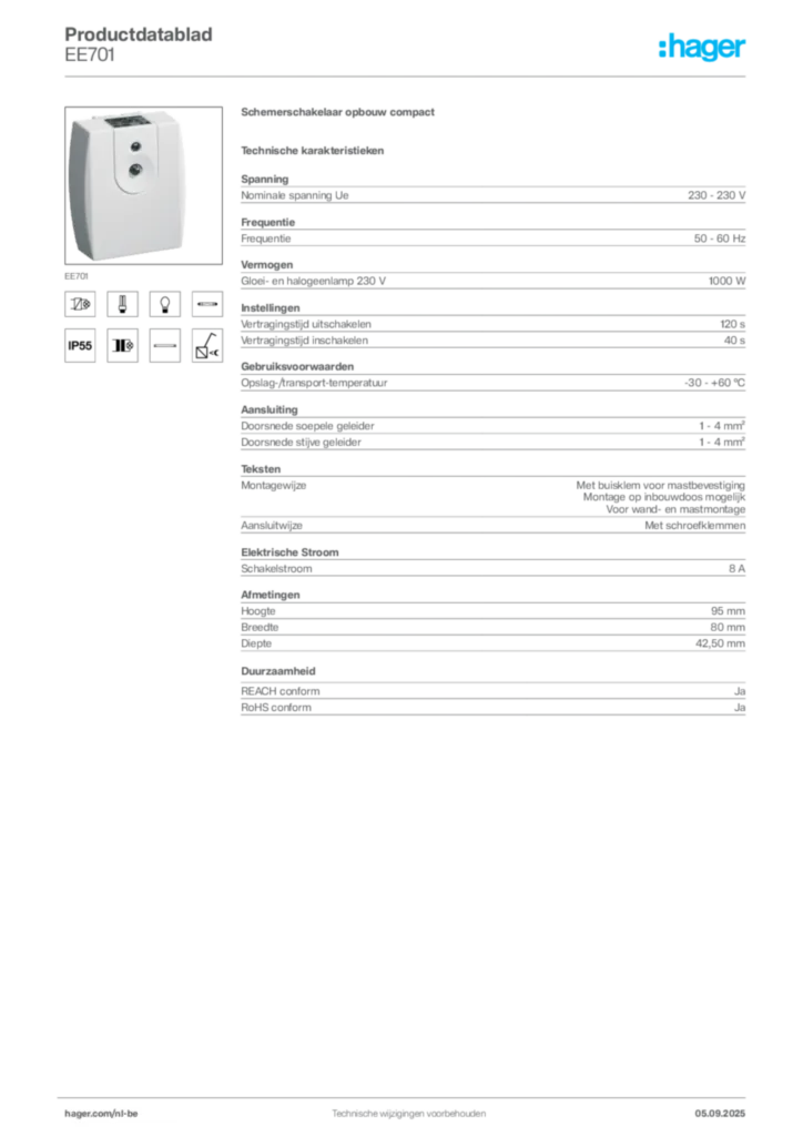 Afbeelding Hager Productdatablad EE701 | Hager Belgium