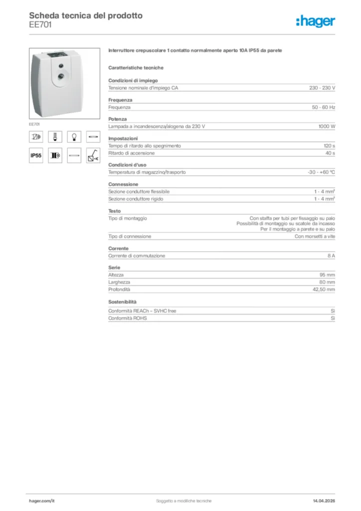 Immagine Hager Scheda tecnica del prodotto EE701 | Hager Italia