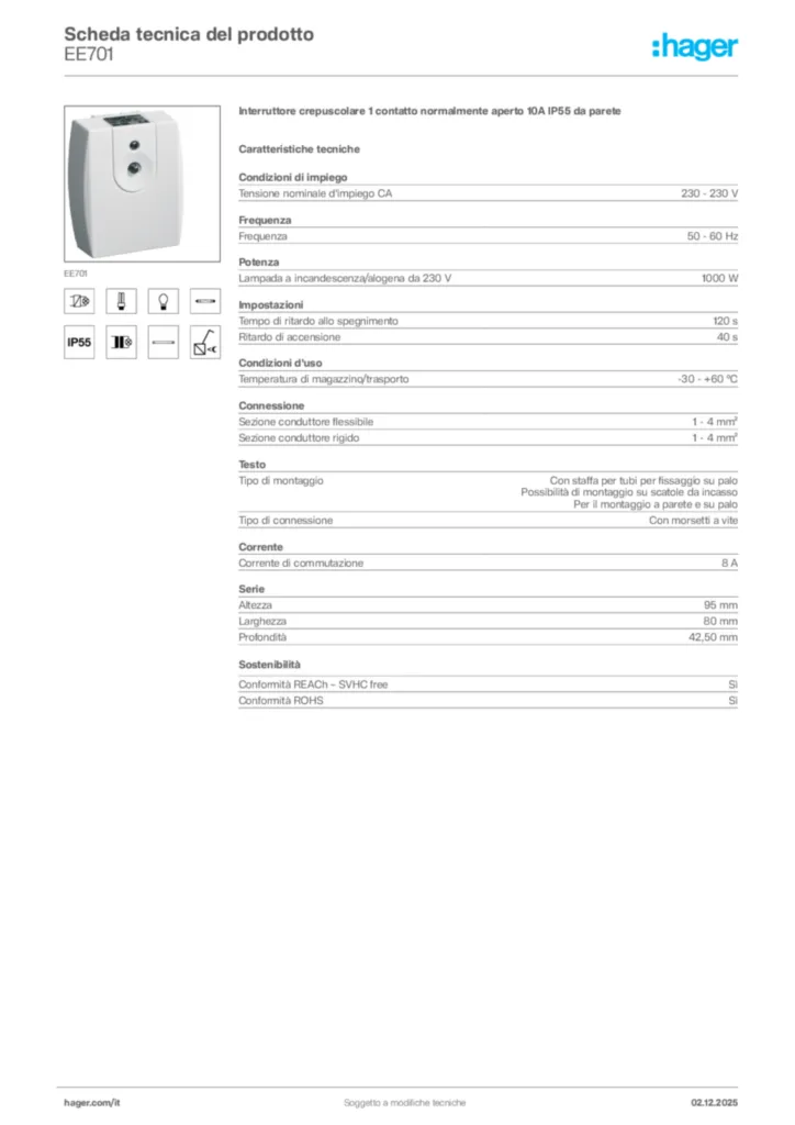 Immagine Hager Scheda tecnica del prodotto EE701 | Hager Italia