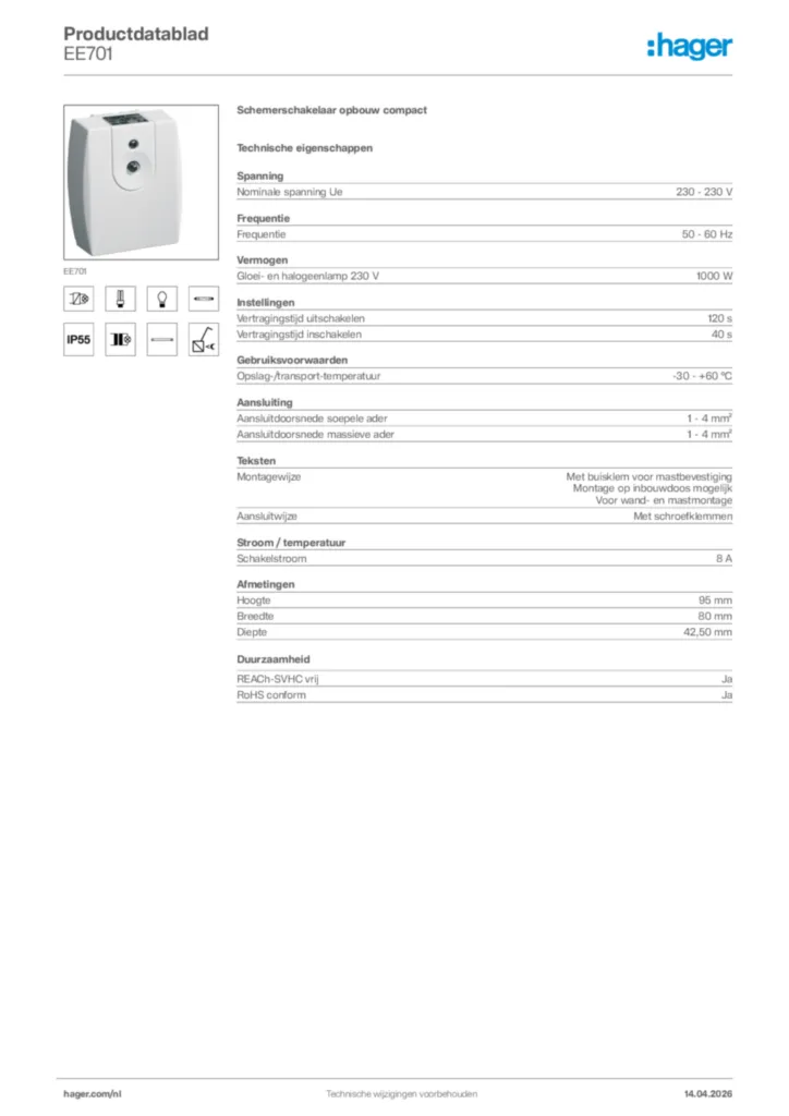 Afbeelding Hager Productdatablad EE701 | Hager Nederland