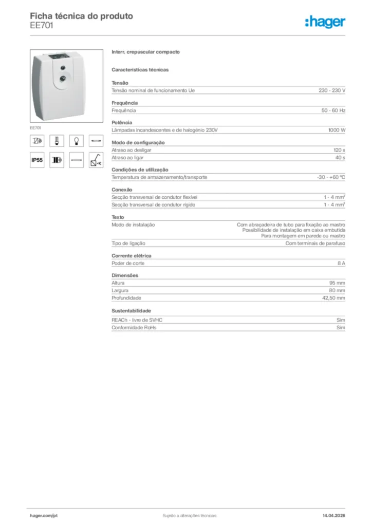 Imagem Hager Ficha técnica do produto EE701 | Hager Portugal