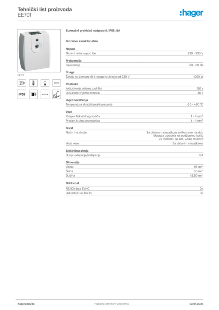 Slika Hager Tehnički list proizvoda EE701  | Hager