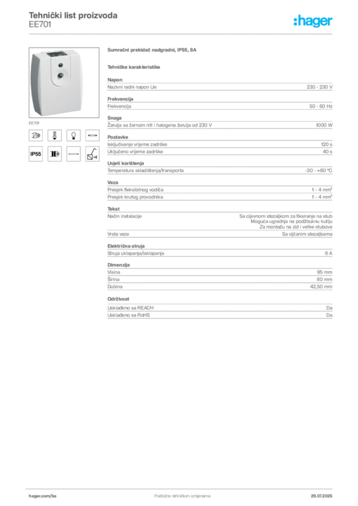 Slika Hager Product data sheet EE701  | Hager
