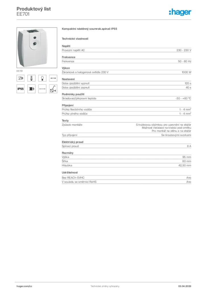 Obrázek Hager Product data sheet EE701 | Hager