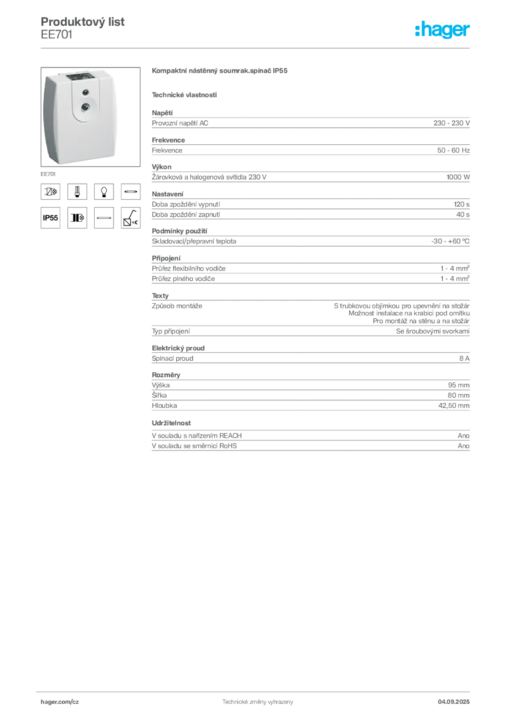 Obrázek Hager Produktový list EE701 | Hager