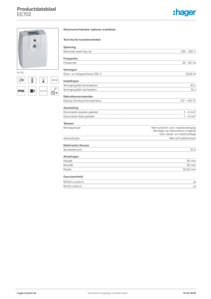 Afbeelding Hager Productdatablad EE702 | Hager Belgium
