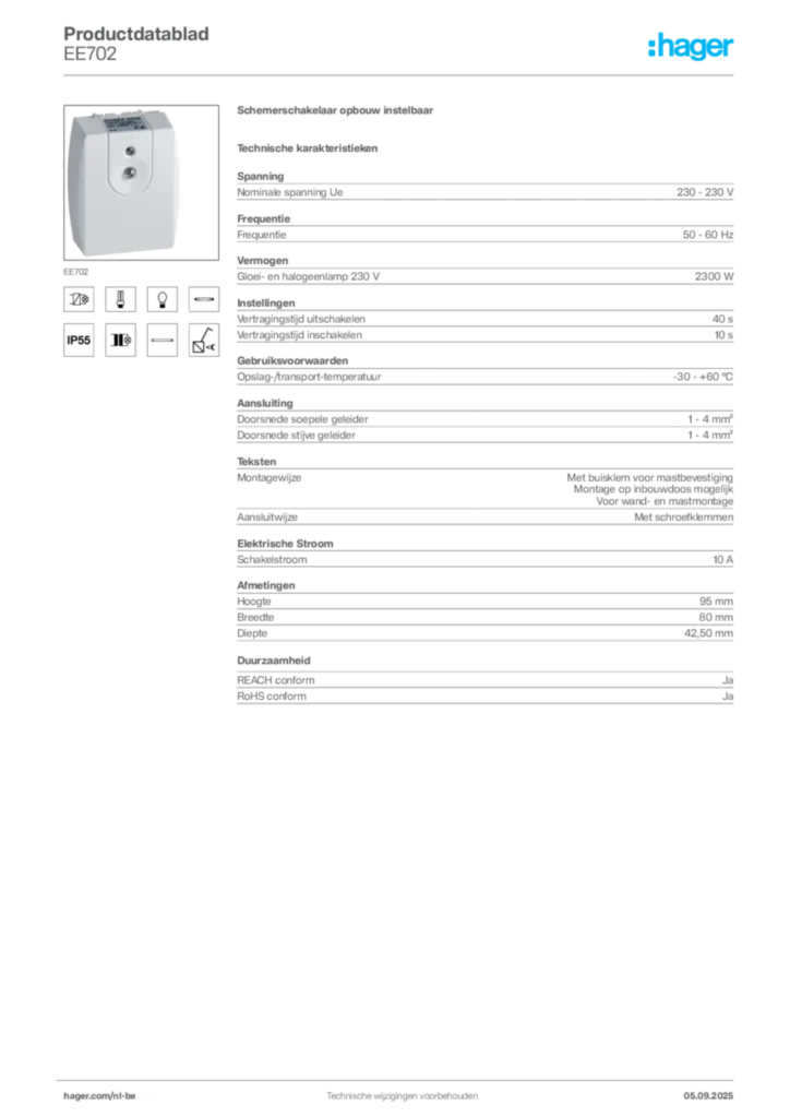Afbeelding Hager Productdatablad EE702 | Hager Belgium