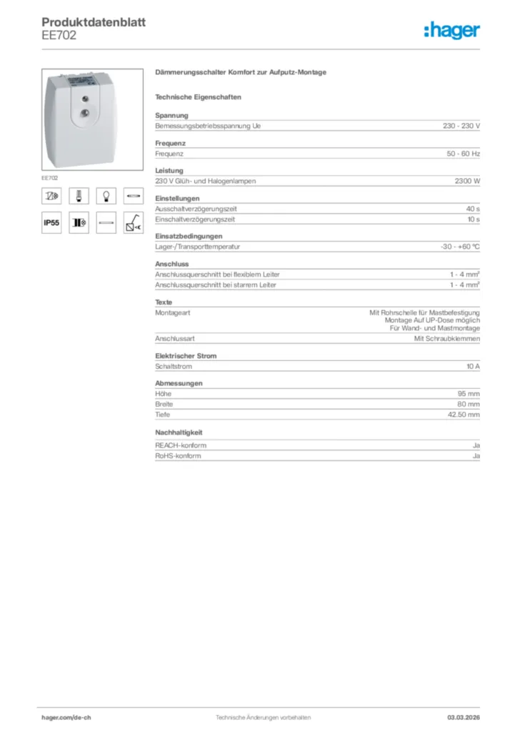 Bild Hager Produktdatenblatt EE702 | Hager Schweiz