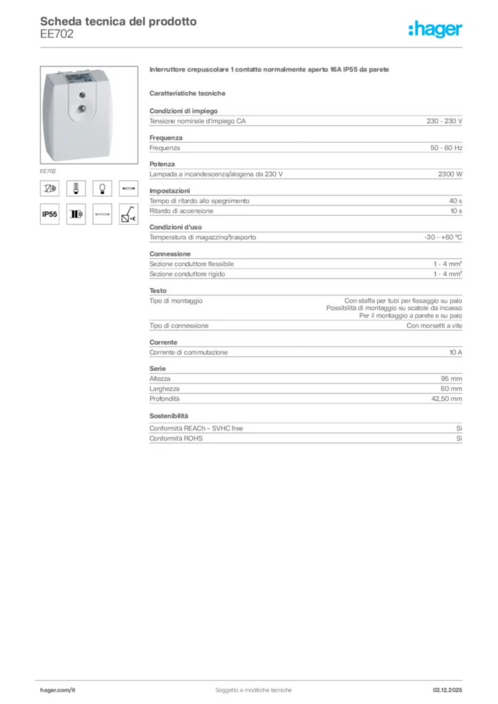 Immagine Hager Scheda tecnica del prodotto EE702 | Hager Italia
