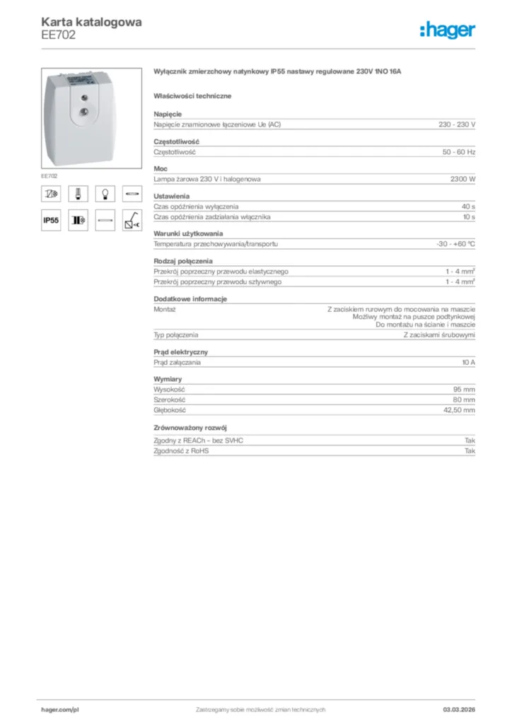 Zdjęcie Hager Karta katalogowa EE702 | Hager Polska