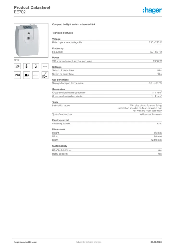 Image Hager Product data sheet EE702  | Hager