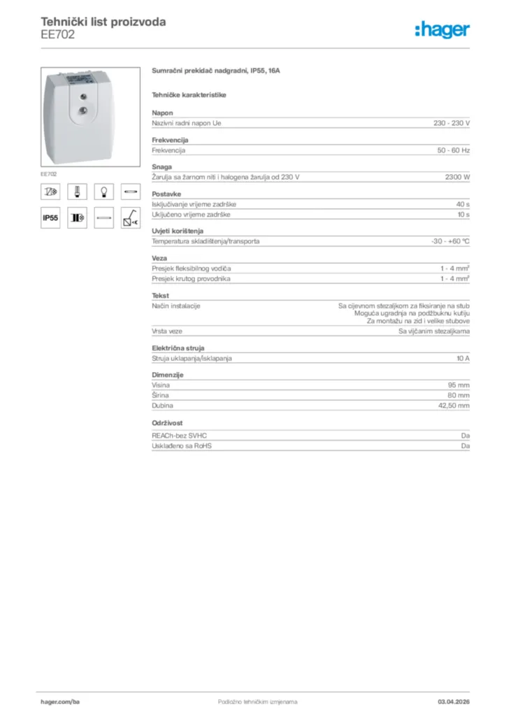 Slika Hager Tehnički list proizvoda EE702  | Hager