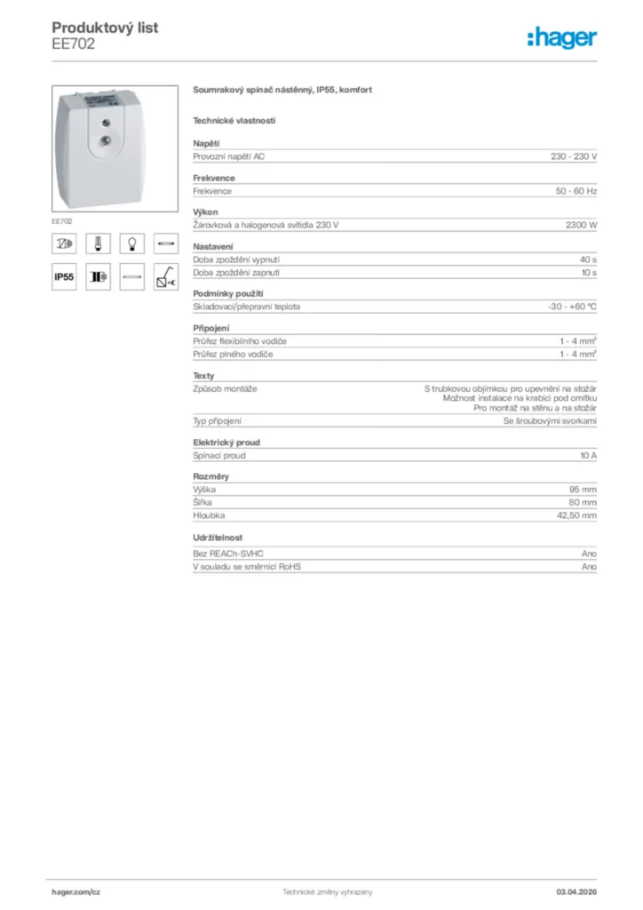 Obrázek Hager Product data sheet EE702 | Hager