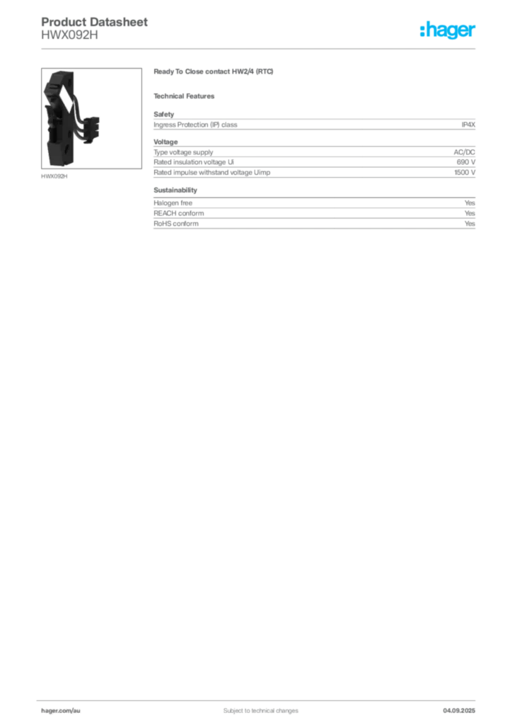Image Hager Product data sheet HWX092H  | Hager Australia