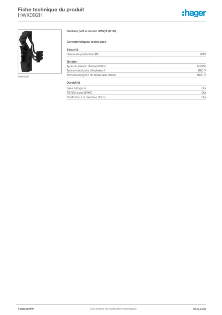Image Hager Fiche technique du produit HWX092H | Hager France