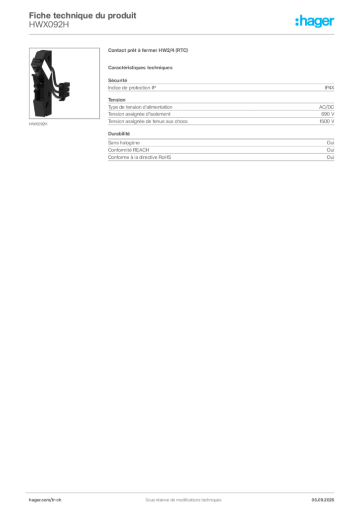 Image Hager Fiche technique du produit HWX092H | Hager Suisse