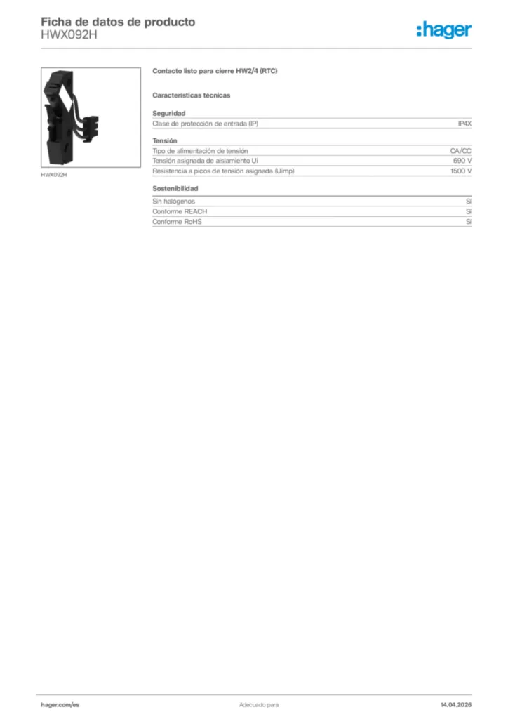 Imagen Hager Ficha de datos de producto HWX092H | Hager España