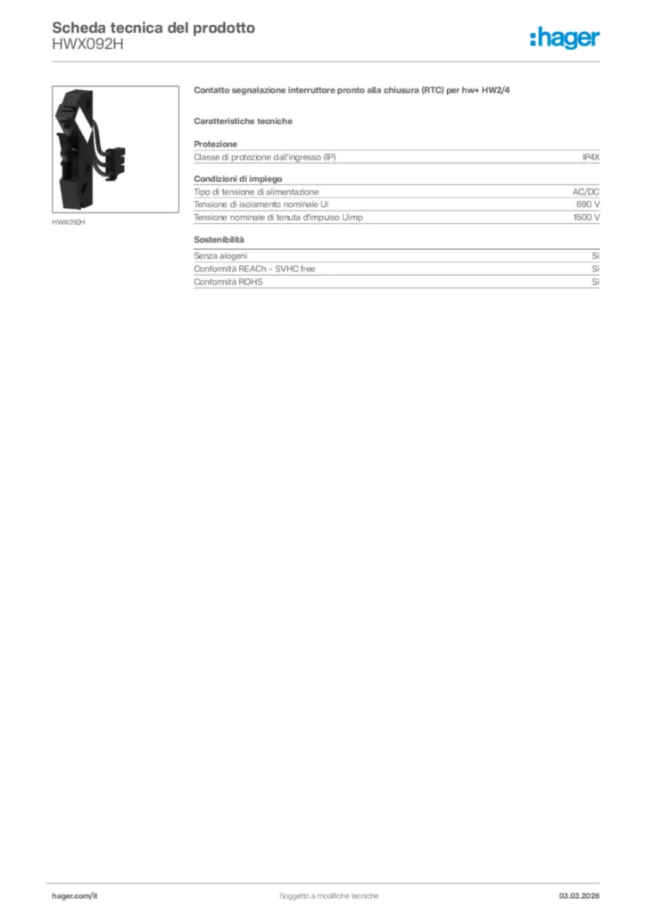 Immagine Hager Scheda tecnica del prodotto HWX092H | Hager Italia